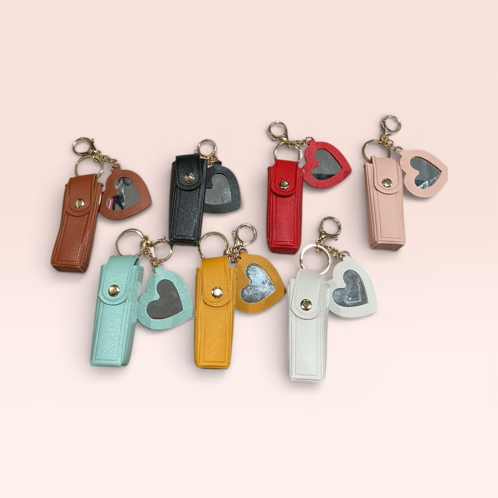 Colorful Lipstick Holder w/Heart Mirror Keychain Set.